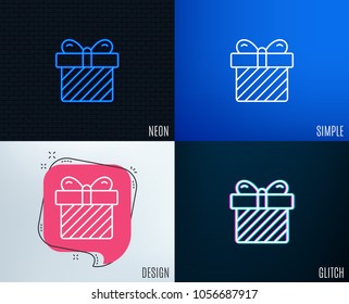 Glitch, Neon effect. Gift box line icon. Present or Sale sign. Birthday Shopping symbol. Package in Gift Wrap. Trendy flat geometric designs. Vector