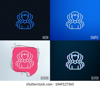 Glitch, Neon effect. Group of Men line icon. Human communication symbol. Teamwork sign. Trendy flat geometric designs. Vector