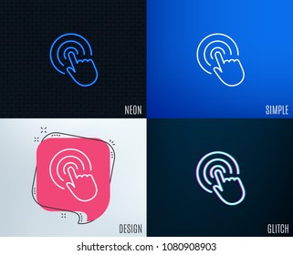 Glitch, Neon effect. Hand Click line icon. Finger touch sign. Cursor pointer symbol. Trendy flat geometric designs. Vector