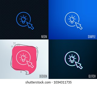 Glitch, Neon effect. Idea lamp line icon. Mouse cursor sign. Light bulb symbol. Trendy flat geometric designs. Vector