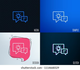 Glitch, Neon effect. Idea lamp with Speech bubbles line icon. Communication sign. Light bulb symbol. Trendy flat geometric designs. Vector