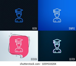 Glitch, Neon effect. Man in Graduation cap line icon. Education sign. Student hat symbol. Trendy flat geometric designs. Vector