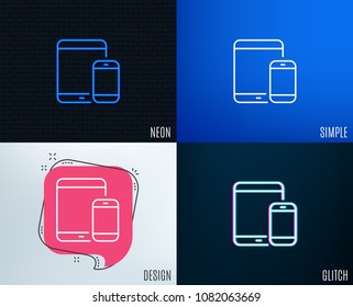 Glitch, Neon effect. Mobile Devices icon. Smartphone and Tablet PC signs. Touchscreen gadget symbols. Trendy flat geometric designs. Vector