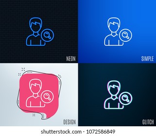 Glitch, Neon effect. Search User line icon. Profile Avatar with Magnifying glass sign. Male Person silhouette symbol. Trendy flat geometric designs. Vector
