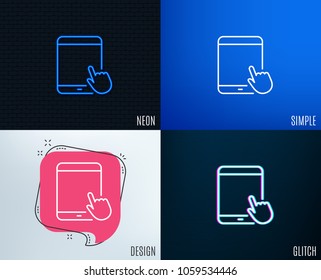 Glitch, Neon effect. Tablet PC icon. Mobile Device with Hand cursor sign. Touchscreen gadget symbols. Trendy flat geometric designs. Vector