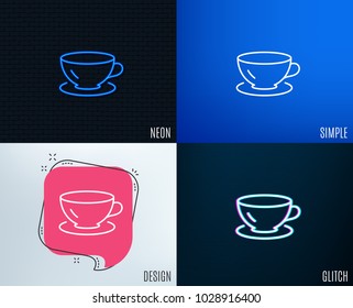 Glitch, Neon effect. Tea cup line icon. Coffee drink sign. Fresh beverage symbol. Trendy flat geometric designs. Vector