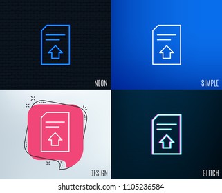 Glitch, Neon effect. Upload Document line icon. Information File sign. Paper page concept symbol. Trendy flat geometric designs. Vector