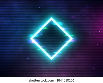 Glitch neon rhombus with retro VHS background. Geometric shape with distortion effect on cosmos backdrop. Analog horizontal lines. Vector illustration.
