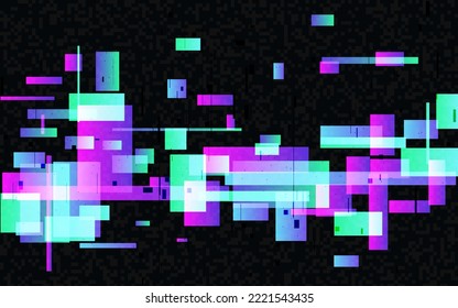 Glitch neon shapes. Broken digital signal. Futuristic distortion effect. Video error visualization. Random gradient elements. Abstract color lines and pixels. Vector illustration.
