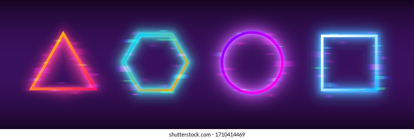 Glitch neon shapes. Distorted color forms. Triangle, hexagon, circle and square. Futuristic poster template. Bright trendy figures with gradients. Vector illustration.