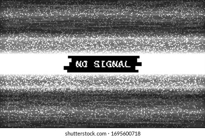 Glitch no signal. Pixel video template. White and black lines noise. Retro VHS effect. Monochrome texture with text. Digital screen error. Vector illustration.