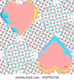 Glitch noise distortion hearts and halftone background seamless pattern