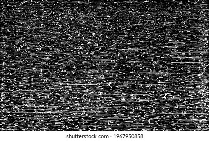 Glitch noise effect. Broken video signal. White noise texture. Abstract static TV template. Analog television error. Retro screen wallpaper. Vector illustration.