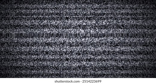 Efecto de ruido de fallo en la pantalla de la televisión. Abstractas rayas blancas del grano en el fondo negro del monitor de la computadora. Pantalla retro VHS negra rota con parpadeo. Ilustración vectorial de tecnología digital retro.