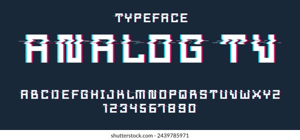 Glitch noisy geometric vector font in analog style, futuristic cyberpunk typeface with digital grunge effect, matrix typography alphabet letters and numbers.