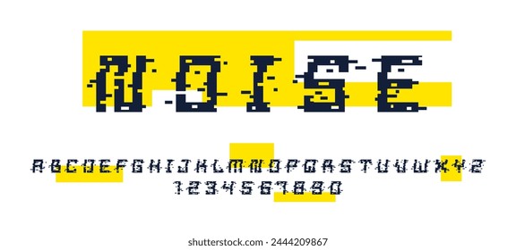 Glitch noisy geometric vector font in analog style, futuristic cyberpunk typeface with digital grunge effect, matrix typography alphabet letters and numbers.
