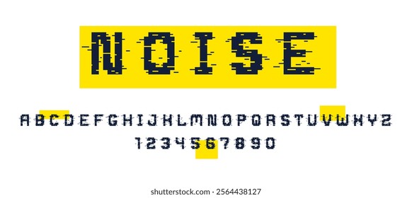 Glitch noisy geometric vector font in analog style, futuristic cyberpunk typeface with digital grunge effect, matrix typography alphabet letters and numbers.