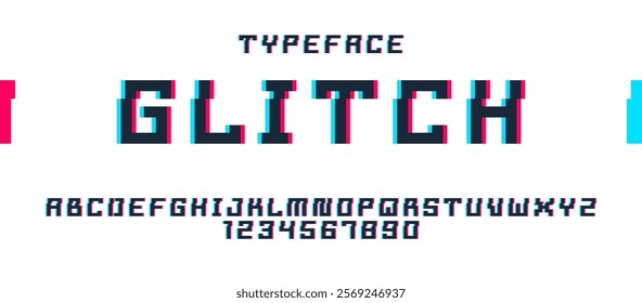 Glitch noisy geometric vector font in analog style, futuristic cyberpunk typeface with digital grunge effect, matrix typography alphabet letters and numbers.