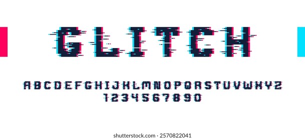 Glitch noisy geometric vector font in analog style, futuristic cyberpunk typeface with digital grunge effect, matrix typography alphabet letters and numbers.