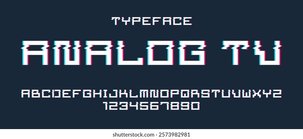 Glitch noisy geometric vector font in analog style, futuristic cyberpunk typeface with digital grunge effect, matrix typography alphabet letters and numbers.