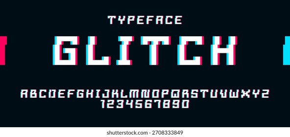 Glitch noisy geometric vector font in analog style, futuristic cyberpunk typeface with digital grunge effect, matrix typography alphabet letters and numbers.