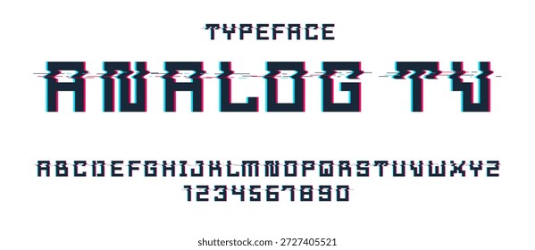 Fuente de Vector geométrica ruidosa de Glitch en estilo analógico, tipografía futurista cyberpunk con efecto grunge digital, letras y números de alfabeto de tipografía matricial.