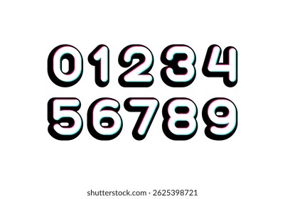 Glitch numbers, rounded numeral set 0, 1, 2, 3, 4, 5, 6, 7, 8, 9, vector illustration 10EPS