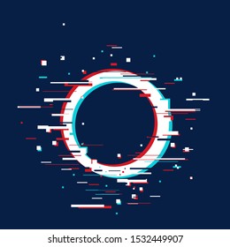 Glitch page template . Tv distorted signal chaos, glitched effect distortion color photo dissolution and flaw glitches bug circles, vhs white noise destroyed