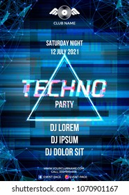 Afiche de la fiesta Glitch con fondo azul y triángulo para las noches de club de rave tecno. Folleto publicitario o volante con una moderna fiesta de baile de música electrónica