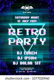 Glitch party poster with blue background and triangle for retro wave rave club nights. Advertising leaflet or flyer with modern electronic music dance party