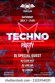 Glitch party poster with blue background and triangle for techno rave club nights. Advertising leaflet or flyer with modern electronic music dance party