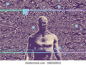 Glitch Party Poster With Man And Glitchid Pattern Design Elements. Abstract retro background. Vector Illustration.