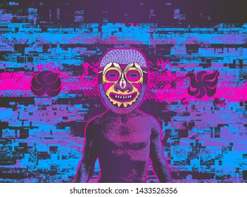 Glitch party poster with man in ritual tribal mask. Vector Illustration.