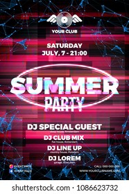 Afiche de la fiesta Glitch con fondo rojo y elipse para las noches de los clubes de moda de verano. Folleto publicitario o volante para la moderna fiesta de baile de música electrónica