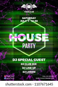 Glitch party poster with red background and hexagon for techno rave club nights. Advertising leaflet or flyer with modern electronic music dance party