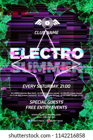 Glitch party poster with ultraviolet or purple background and star for techno rave club nights. Advertising leaflet or flyer with modern electronic music dance party