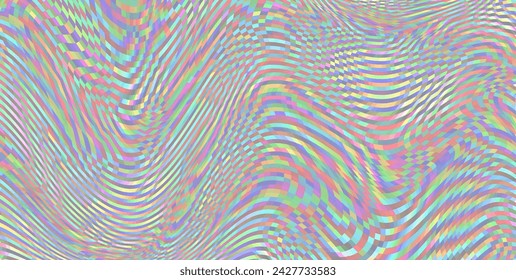 Glitch pattern background with fluid holographic colors and geometric patterns.  Abstract digital art with flowing  distorted lines and pixel noise. Modern retro design concept with fluid iridescent c