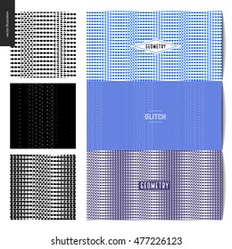Glitch patterns set. Three geometrical glitch seamless patterns with few examples of usage.