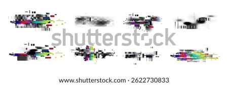 Glitch pixel art elements - distorted graphics with random colorful digital noise. Tv static, vhs tape artifacts and data corruption shapes. Hud interface overlays, abstract technology backgrounds.