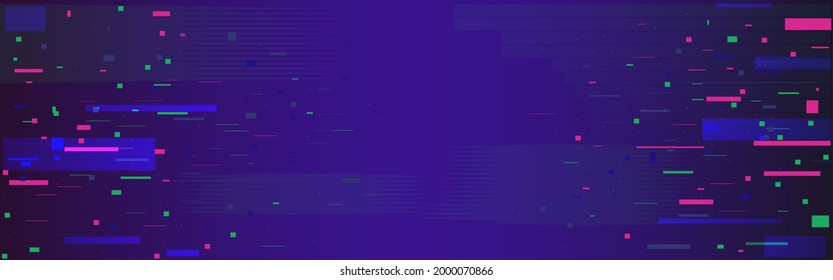 Glitch Pixel Backdrop. Data Noise Wide Banner. Disintegration Effect With Color Pixels. Digital Abstract Distortion And Lines. Cyberpunk Screen Effect. Vector Illustration.