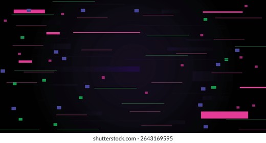 Glitch pixel backdrop. Data noise wide banner. Disintegration effect with color pixels. Digital abstract distortion and lines. Cyberpunk screen effect. Vector illustration