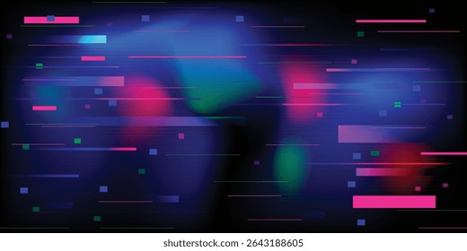 Glitch pixel backdrop. Data noise wide banner. Disintegration effect with color pixels. Digital abstract distortion and lines. Cyberpunk screen effect. Vector illustration