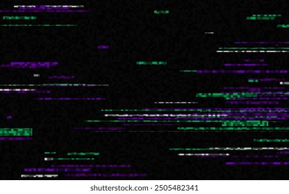 Glitch pixel background. Color digital error. Futuristic video noise. Abstract cyberpunk screen. Broken TV signal. Random distortion lines. Video disintegration. Vector illustration.