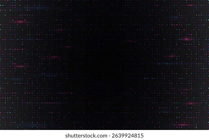 Glitch pixel background with multicolor fading dots on dark screen. Digital dots for tech, cyberpunk or digital project. Abstract futuristic data elements. Vector Illustration.