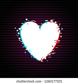 Glitch pixel heart, vector abstract illustration isolated on vhs lines background, old video format