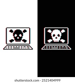 glitch pixel laptop with Virus skull icon. Vector pixel art Hacker cyber computer pc 8 bit logo for game