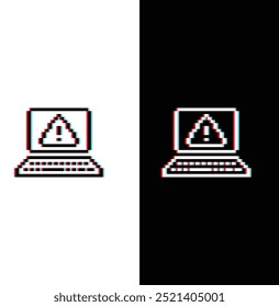 glitch pixel laptop with Virus skull icon. Vector pixel art Hacker cyber computer pc 8 bit logo for game