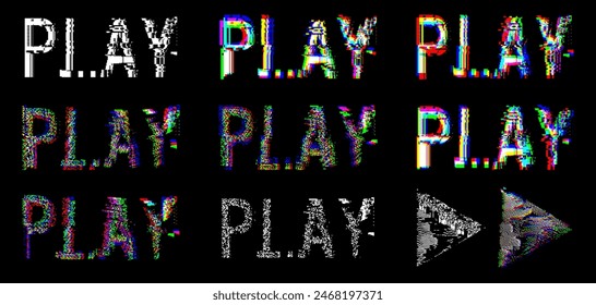 Glitch Pixel RGB Split Video Game PLAY Message. Old VHS Player or Retro Game Console Concept. 3D Glitch VHS Distort Effect Text. Arcade Begin. Vector Illustration.