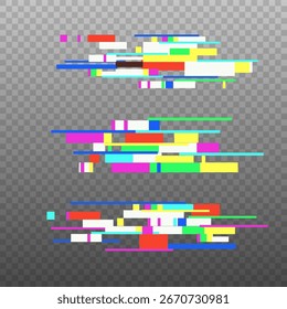 Efeito de aviso de tela de pixel defeituoso. Elemento de design de grunge geométrico com dano de grão futurista. Modelos de erro de tela de computador do técnico de desintegração. 