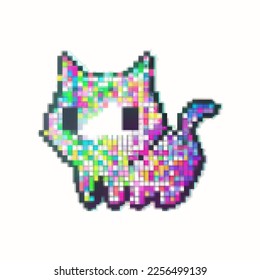 Glitch pixelate cat. Retro futuristic vector element.